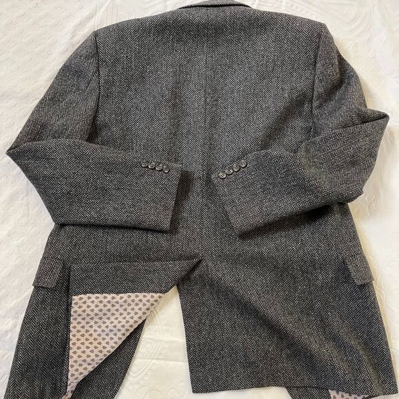 HARDY AMIES Mens 44 Grey Black HERRINGBONE 100% Wool Sports Coat JACKET BLAZER - Picture 7 of 9
